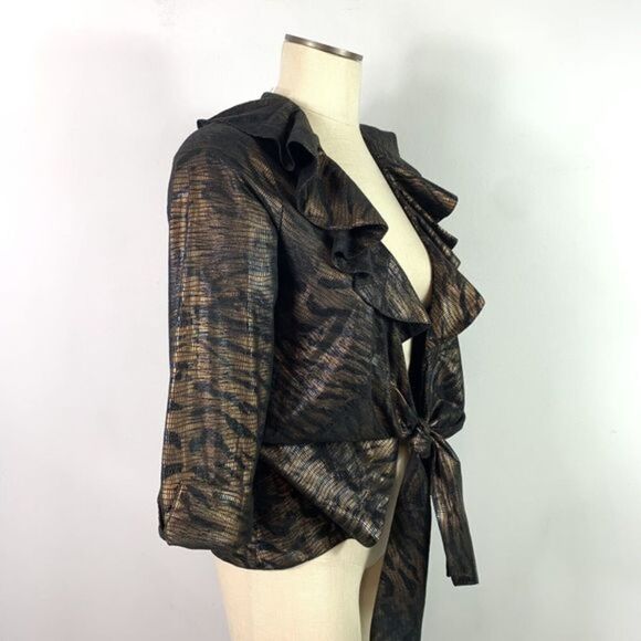 Mishca Metallic Brown Black Tie Front Open Blouse Size Small - Picture 3 of 6